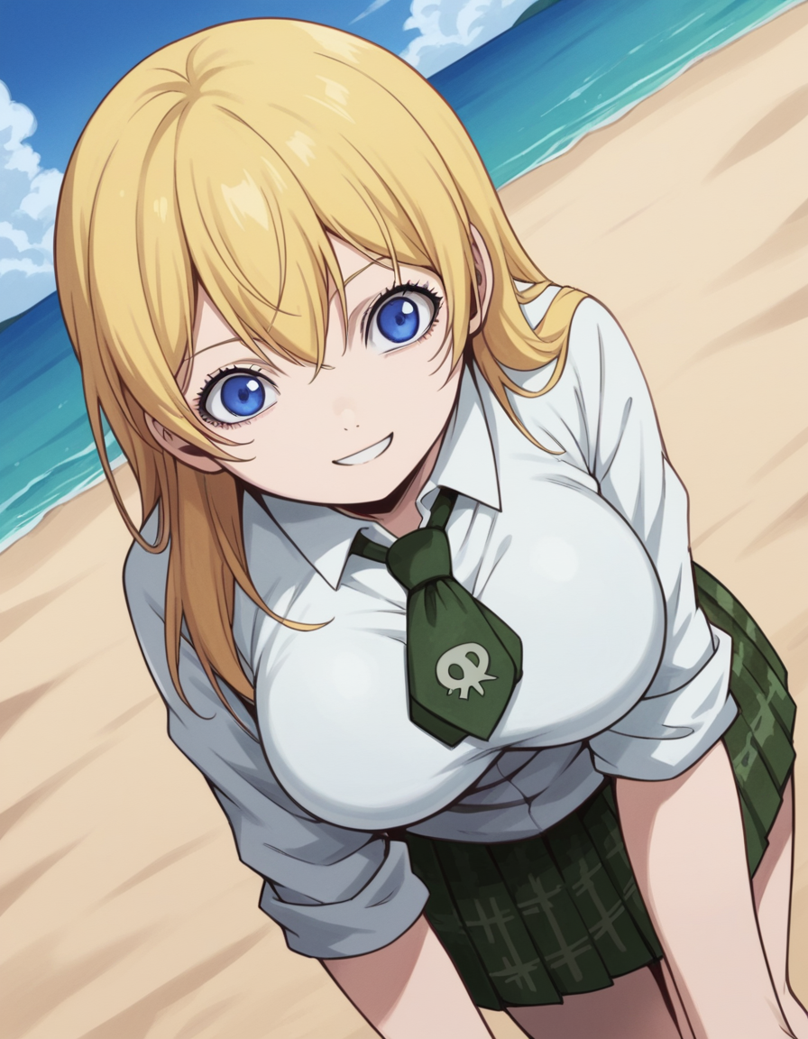 score_9, score_8_up, score_7_up, source_anime,
btooomhimiko, <lora:btooom-himiko-s1-ponyxl-lora-nochekaiser:1>,
himiko, long hair, blue eyes, blonde hair, large breasts,
skirt, shirt, school uniform, white shirt, pleated skirt, necktie, plaid, plaid skirt, sleeves rolled up,
beach, bent over, smile,
looking at viewer, cowboy shot, solo, dutch angle