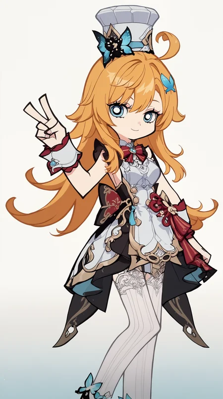 score_9, score_8_up, score_7_up,anime_source, source_anime, best background, detailed background, anime screencap,simple background, white background, zzzemoji, Escoffier_gensh, 1girl, v-sign, pose, hair ornament, ahoge, butterfly hair ornament, orange hair, blue eyes, long hair, bangs,thighhighs, hat, chef hat, white thighhighs, wrist cuffs, striped thighhighs, striped, white headwear, medium breasts, sleeveless, bow, skirt, <lora:Escoffier_Pony:0.8> <lora:ZZZ_Emoji_style_PONY:1>