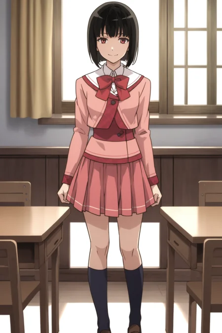 score_9, score_8_up, score_7_up, score_6_up, score_5_up, source_anime, rating_safe, indoors, 1girl, solo, medium breasts, looking at viewer, <lora:age_slider_v4:2>, yagami kagami, black hair, short hair, bob cut, red eyes, school uniform, pink uniform, white collar. pink bowtie, pink jacket, pink shirt, pink skirt, pleated skirt, black kneehighs, loafers, <lora:Kagami_Yagami:0.7>, smile