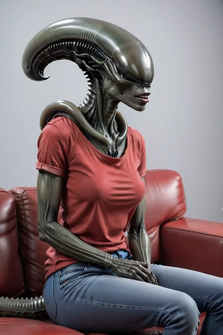 sideview head female xenomorph woman sitting on couch in casual clothes, jeans and smooth red top, (tail), frontal view <lora:female_xenomorph_xenowaifu_sdxl:0.8>