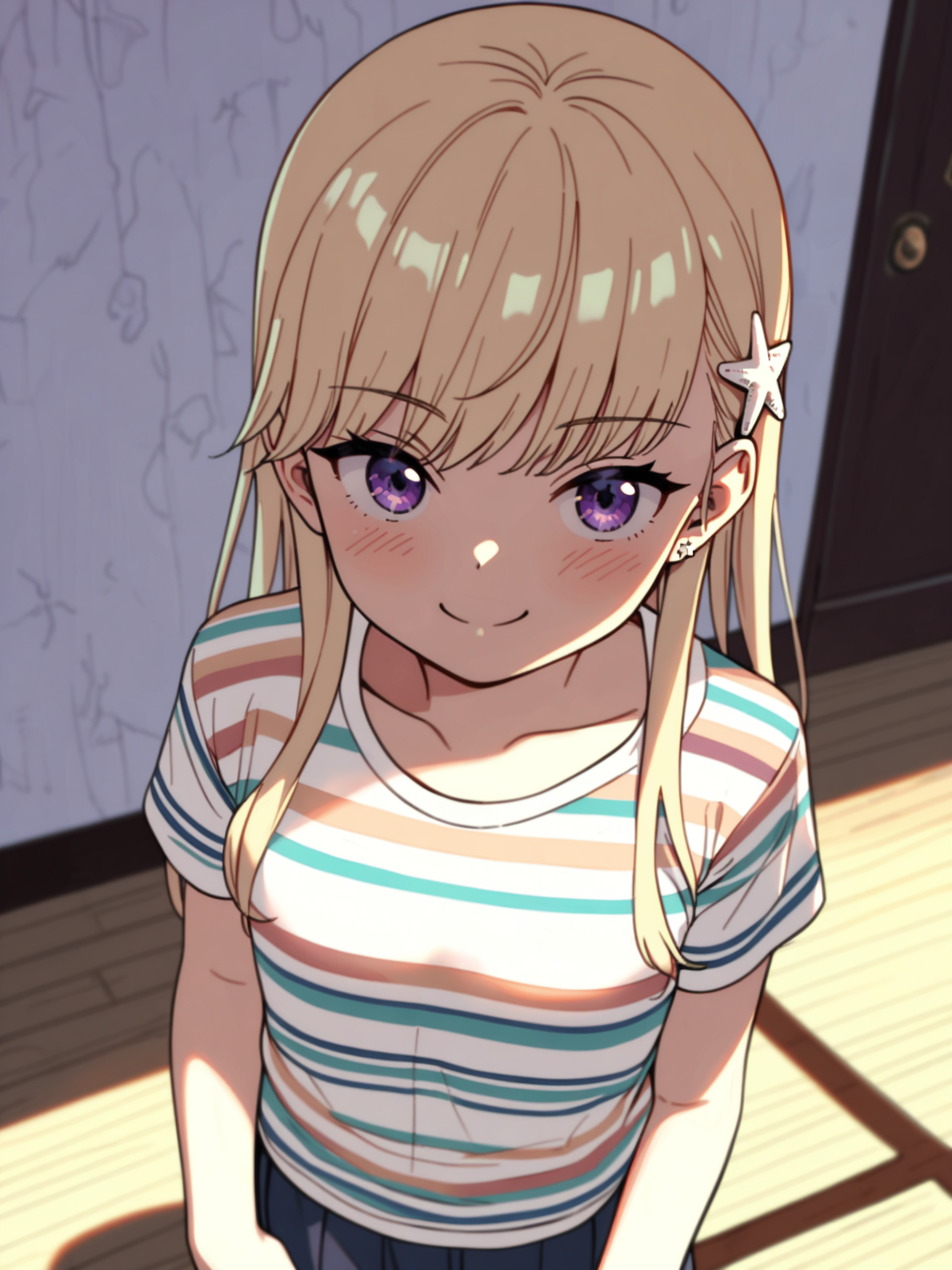 <lora:happy_tentacle-sekiyuina-v0.1-000010:0.9>, ht_sekiyuina, star hair ornament, purple eyes, blonde hair , smug, indoors, cowboy shot, 1girl, (petite:1.2), solo focus, (looking at viewer:1.1), , (depth of field:0.6), from above, <lora:Shed_The_Skin's StS_age_slider_v1_initial_release:-1>, score_9, score_8_up, score_7_up, score_6_up, score_5_up, score_4_up