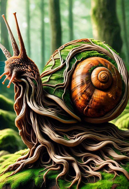 PG-TR,A whimsical snail with enchanting green skin textures, large expressive eyes, its brown and orange shell adorned with delicate green moss, wear a wizard hat, it rests on a moss-covered rock, amidst a forest, soft diffused sunlight filtering through the trees, adding a magical ambiance, fanciful creature's serene environment 