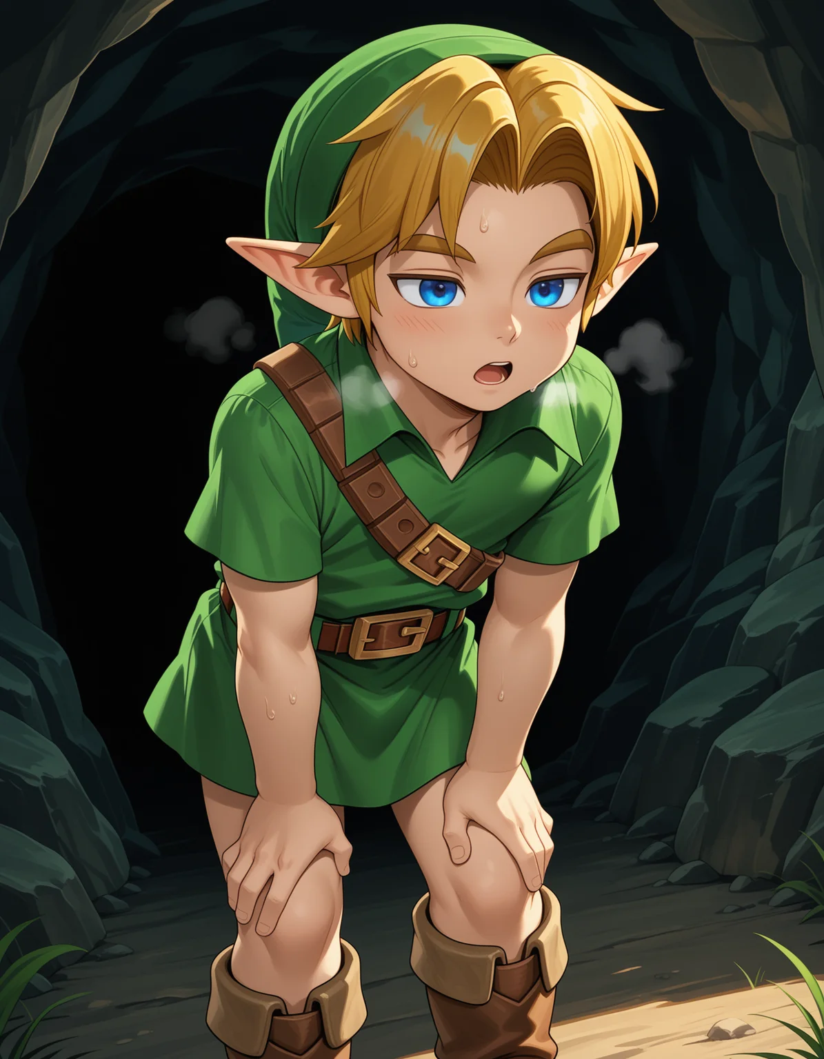 masterpiece,best quality,amazing quality
BREAK
ylink,young link,solo, forward leaning,sweat,open mouth,(exhasuted),heavy breathing,half closed eyes,blue eyes, short hair, blue eyes, blonde hair, 1boy, hat, male focus, short sleeves, boots, pointy ears, belt, buckle, green headwear, brown belt, green tunic,cave
BREAK
<lora:younglink_ill_896_1152_v2:1>