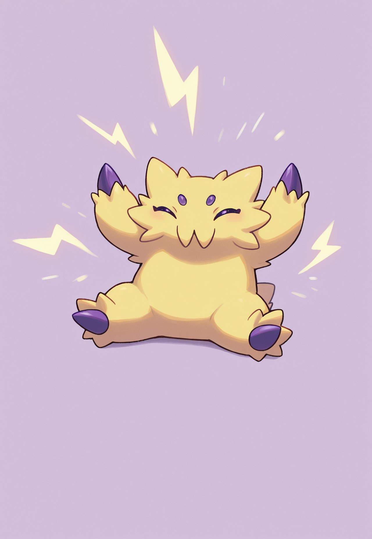 masterpiece, best quality, amazing quality, very aesthetic, absurdres, 1other, solo, no humans, pokemon focus, ShinyJoltik, alternate color, light yellow fur, closed eyes, purple claws, looking at viewer, sitting, arms up, happy, lightning background