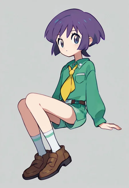 score_9,score_8_up,score_7_up,score_6_up,score_5_up,score_4_up,BREAKmasterpiece, hyper detailed, best quality, insanely detailed, high quality, exquisite, detailed, beautiful, ultra detailed,
Bugsy(pokemon)1 boy,
Green shorts, green shirt, brown footwear, white socks, yellow neckerchief,purple hair,
in Take style,