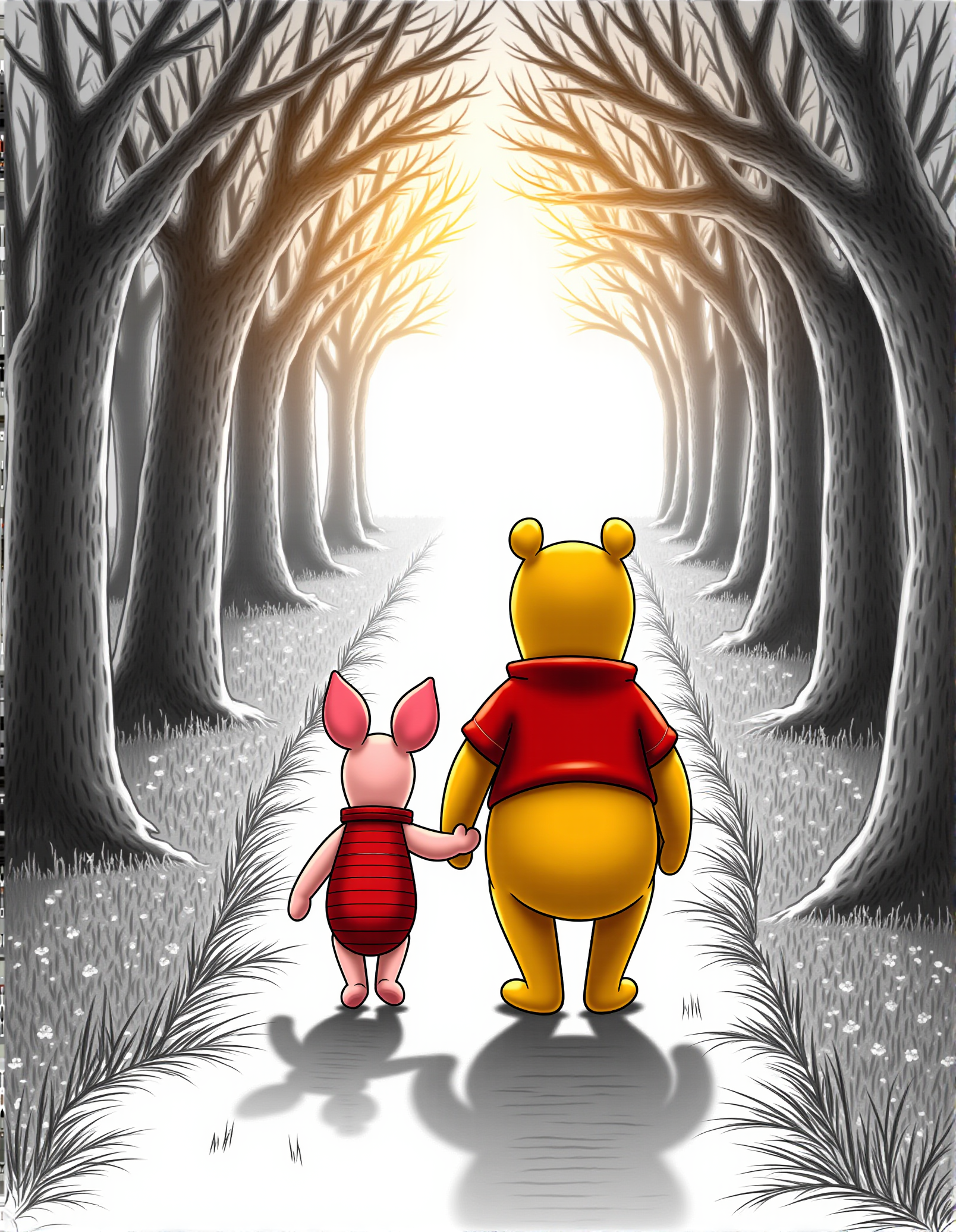 disney-style, three-tone, black and red pencil drawing of Winnie the Pooh and Piglet walking in the Hundred-Hundred Stork holding hands on a path through the trees, seen from behind, late afternoon sunlight filtering through the leaves of the trees <lora:detailer_flux_v1:0.5>