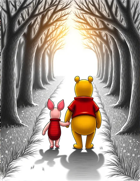 disney-style, three-tone, black and red pencil drawing of Winnie the Pooh and Piglet walking in the Hundred-Hundred Stork holding hands on a path through the trees, seen from behind, late afternoon sunlight filtering through the leaves of the trees <lora:detailer_flux_v1:0.5>