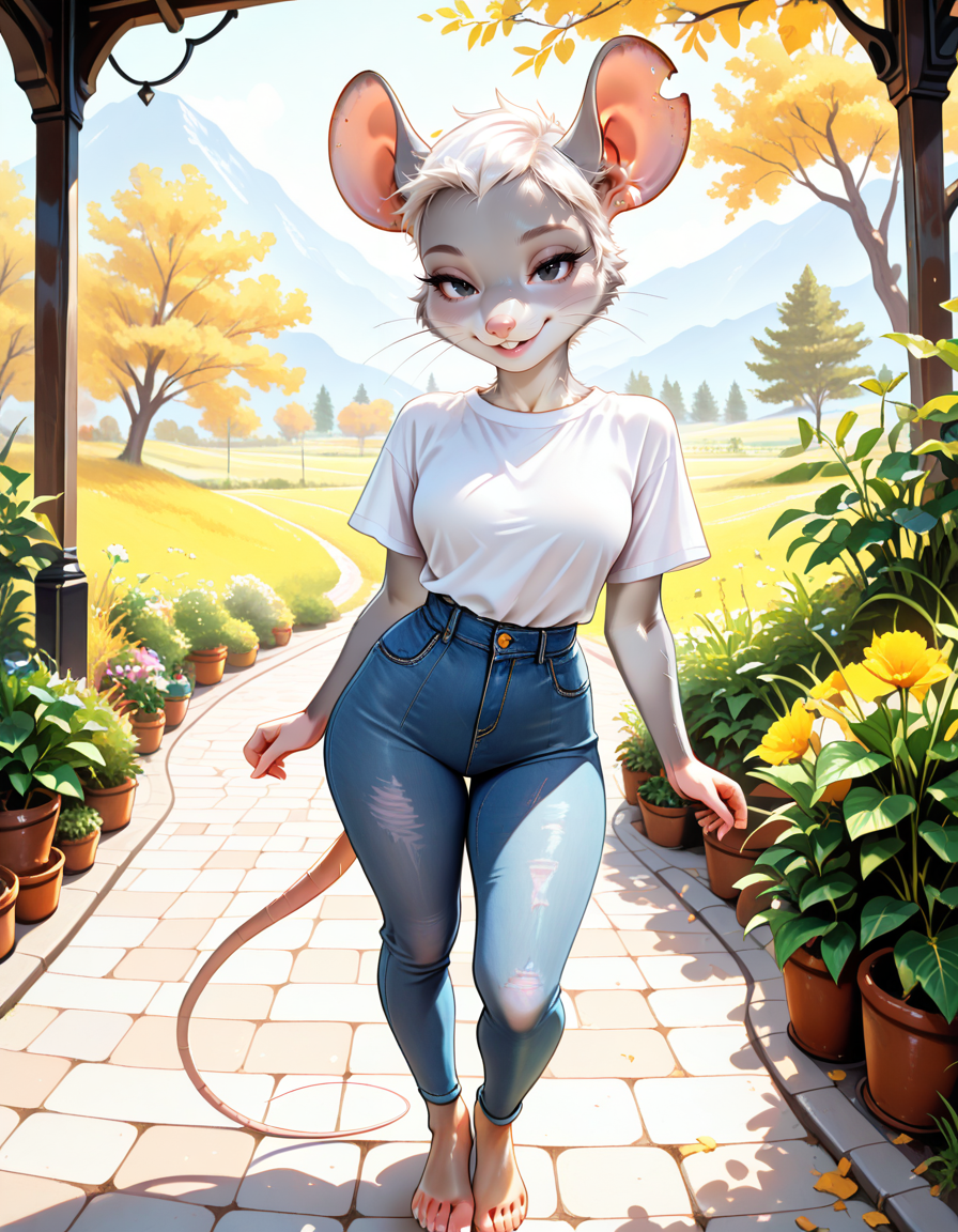 masterpiece, best quality, very aesthetic, absurdres,
outdoors, casual, 
full body, standing, posing, barefoot, 
seductive smile, parted lips, long eyelashes,
<lora:Amelia_v01_NAIXL:1>
Amelia,1girl,solo,furry,female,mouse girl,mouse ears,notched ear,white hair,very short hair,black eyes,snout,buck teeth,whiskers,body fur,grey fur,mouse tail,animal feet,