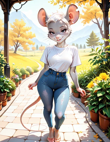 masterpiece, best quality, very aesthetic, absurdres,
outdoors, casual,
full body, standing, posing, barefoot,
seductive smile, parted lips, long eyelashes,
<lora:Amelia_v01_NAIXL:1>
Amelia,1girl,solo,furry,female,mouse girl,mouse ears,notched ear,white hair,very short hair,black eyes,snout,buck teeth,whiskers,body fur,grey fur,mouse tail,animal feet,