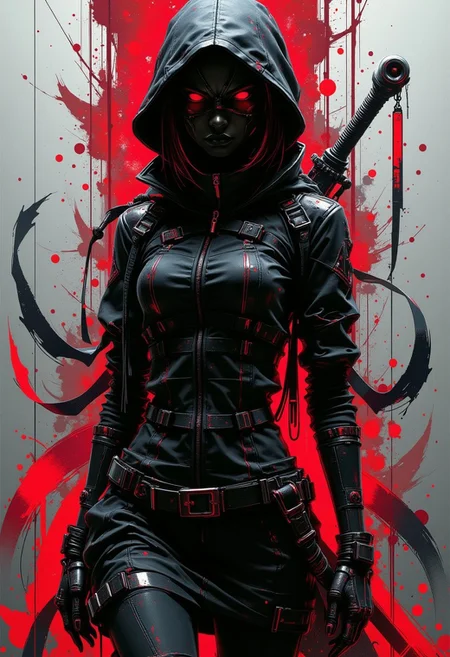 silhouette art, a cybernetic assassin dressed as Hatsune Miku, chiascuro, red glowing eyes, abstract dark cyberpunk background