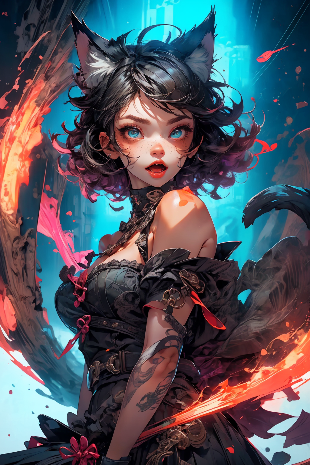 cat ears, (best quality, masterpiece1.2), (detailed eye:1.2), intricate detail, depth of field, cat ear, 1girl,upper body,  curly hair, fang, off shoulder, heterochromia,  freckles, blush, skirt, large breasts, kneehighs, open mouth, fangs, all fours, from above, cat tail, pov, pov hands, catnip
<lora:more_details:0.4>
 <lora:Cosmic anime-oil fusion v2:0.45> 
<lora:AnimeVibesV3:0.3> animevibes, 
<lora:3DMM_V11:0.5> 3DMM 
<lora:midjourney_20230624181825:0.65> midjourney ,
 <lora:LAS:0.45> cloud,colorful,
<lora:msw_locon-t2:0.5>
 <lora:wuxia2:0.45> gu,
 <lora:CyberpunkStyleV1:0.35> PunkAI ,
<lora:CatgirlMaidV1.0-000003:0.5> CatgirlMaid, shiny, shiny hair, shiny skin, shiny clothes