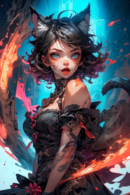 cat ears, (best quality, masterpiece1.2), (detailed eye:1.2), intricate detail, depth of field, cat ear, 1girl,upper body,  curly hair, fang, off shoulder, heterochromia,  freckles, blush, skirt, large breasts, kneehighs, open mouth, fangs, all fours, from above, cat tail, pov, pov hands, catnip
<lora:more_details:0.4>
 <lora:Cosmic anime-oil fusion v2:0.45> 
<lora:AnimeVibesV3:0.3> animevibes, 
<lora:3DMM_V11:0.5> 3DMM 
<lora:midjourney_20230624181825:0.65> midjourney ,
 <lora:LAS:0.45> cloud,colorful,
<lora:msw_locon-t2:0.5>
 <lora:wuxia2:0.45> gu,
 <lora:CyberpunkStyleV1:0.35> PunkAI ,
<lora:CatgirlMaidV1.0-000003:0.5> CatgirlMaid, shiny, shiny hair, shiny skin, shiny clothes