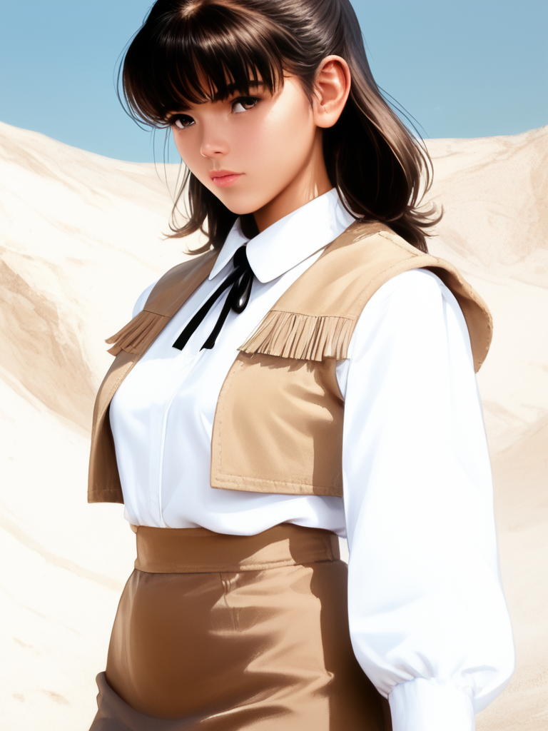 score_9, score_8_up, score_7_up, 1girl, solo,<lora:100_shaider_annie_pdxl:1> 1girl, solo, annie_shaider, anncost1, black hair, shoulder length hair, bangs, brown eyes, Japanese woman, white collar shirt,  bolo tie, tan vest with fringe, tan fringed skirt, legs, standing, side view, lips parted, serious, close up view