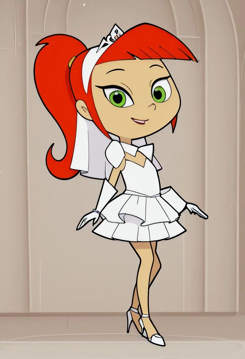 <lora:AtomicbettyIllustrious1.0JLFO:1>Betty, 1girl, green eyes, skirt, long hair, orange hair, standing, hairband, solo, looking at viewer, smile, full body, barefoot, perfect Small flat chest natural breasts;
Wedding dress, Wedding veil, Golden tiara, white high heels sandals,