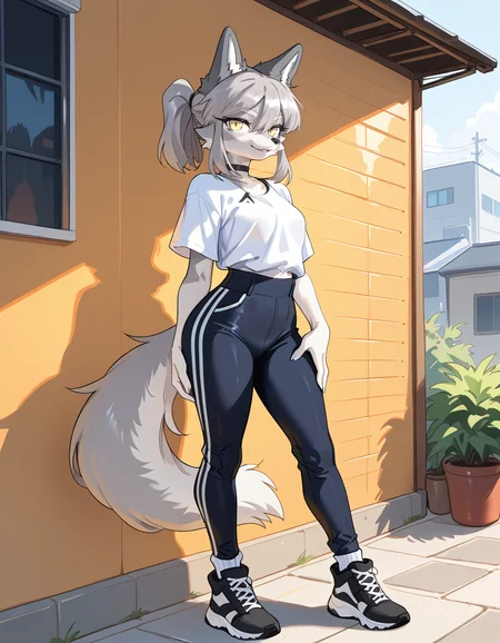 masterpiece, best quality, very aesthetic, absurdres,
outdoors,
full body, standing, posing,
casual,
seductive smile, parted lips, long eyelashes,
<lora:Seraya_v01_NAIXL:1>
S3ray4,1girl,solo,furry,furry female,wolf girl,wolf ears,short hair,grey hair,ponytail,hair between eyes,long sidelocks,yellow eyes,snout,animal nose,choker,body fur,two-tone fur,grey fur,white fur,wolf tail,