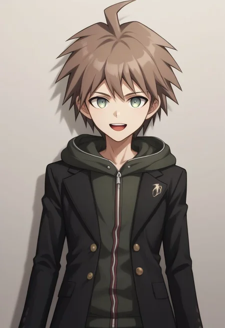 score_9, score_8_up, source_anime, highly detailed, 1boy, solo, skinny,
makoto, 1boy, solo, hood, male focus, hoodie, brown hair, open mouth, jacket, ahoge,
smile, short hair, bangs, teeth, long sleeves, black jacket, hood down,
indoor,