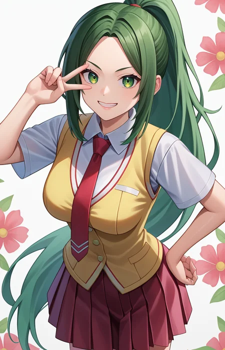 <lora:v_over_head_XL_v1_wasabiya:1>score_7_up, anime,v over eye, green hair, 1girl, short sleeves, leaning forward, looking at viewer, high ponytail, pleated skirt, medium breasts, very long hair, collared shirt, green eyes, white background, red necktie, yellow vest, wing collar, open vest, pink skirt, red skirt, parted bangs, shiny hair, white shirt, large breasts, teeth, hand up, grin, floral background, solo, upper body, hand on hip