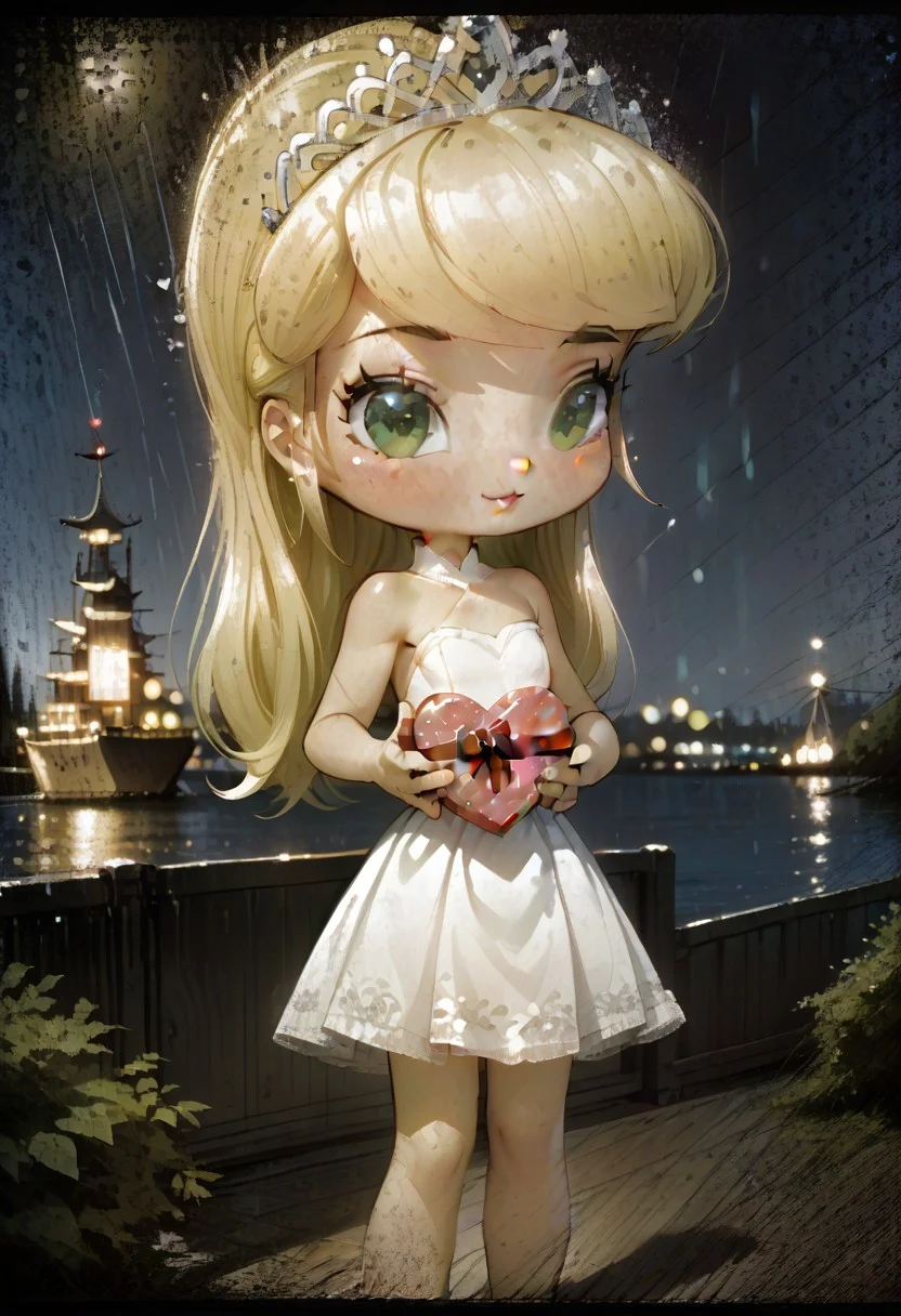 masterpiece,best quality,amazing quality, mature, clean lines, subtle lighting, bold outlines, cel shading, very aesthetic, absurdres, newest,
1girl, pinystyle, medium shot, closeup, solo, beautiful blonde girl, (blonde hair:1.3), mugenfan208, (small breasts:1.3), pink lips, green breastplate, white dress, cowhide tiara, (holding valentine's gift, hearts, heart-shaped particles:1.3), cute, joyful expression, standing on dock, ship in the distance, (legs open:1.1), sexy pose, rainy atmosphere,
AgedSepiaCE, blurry, (sepia tone, aged picture:1.3)