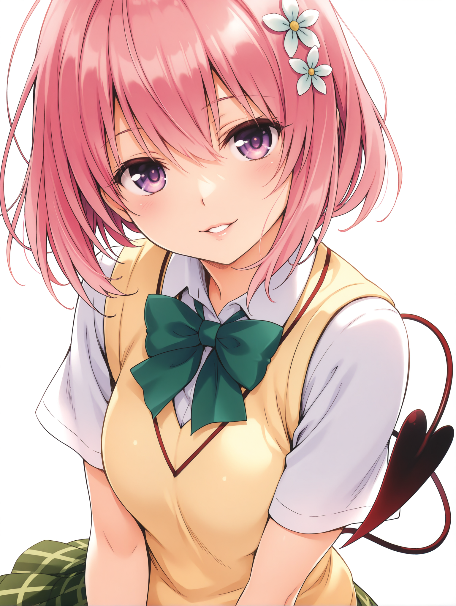 masterpiece,best quality,newest,
1girl,solo,
<lora:momo_ilxl_v2.4:1>,momo,pink hair,purple eyes,short hair,white flower hair ornament,demon tail,
m_clothes,green bowtie,sweater vest,short_sleeves,green plaid skirt,<lora:Fixhands_anime_bdsqlsz_V1:1>,dynamic_angle,cinematic_angle,seductive_smile,white background,simple_background,looking_at_viewer,dutch angle,parted lips,upper_body,