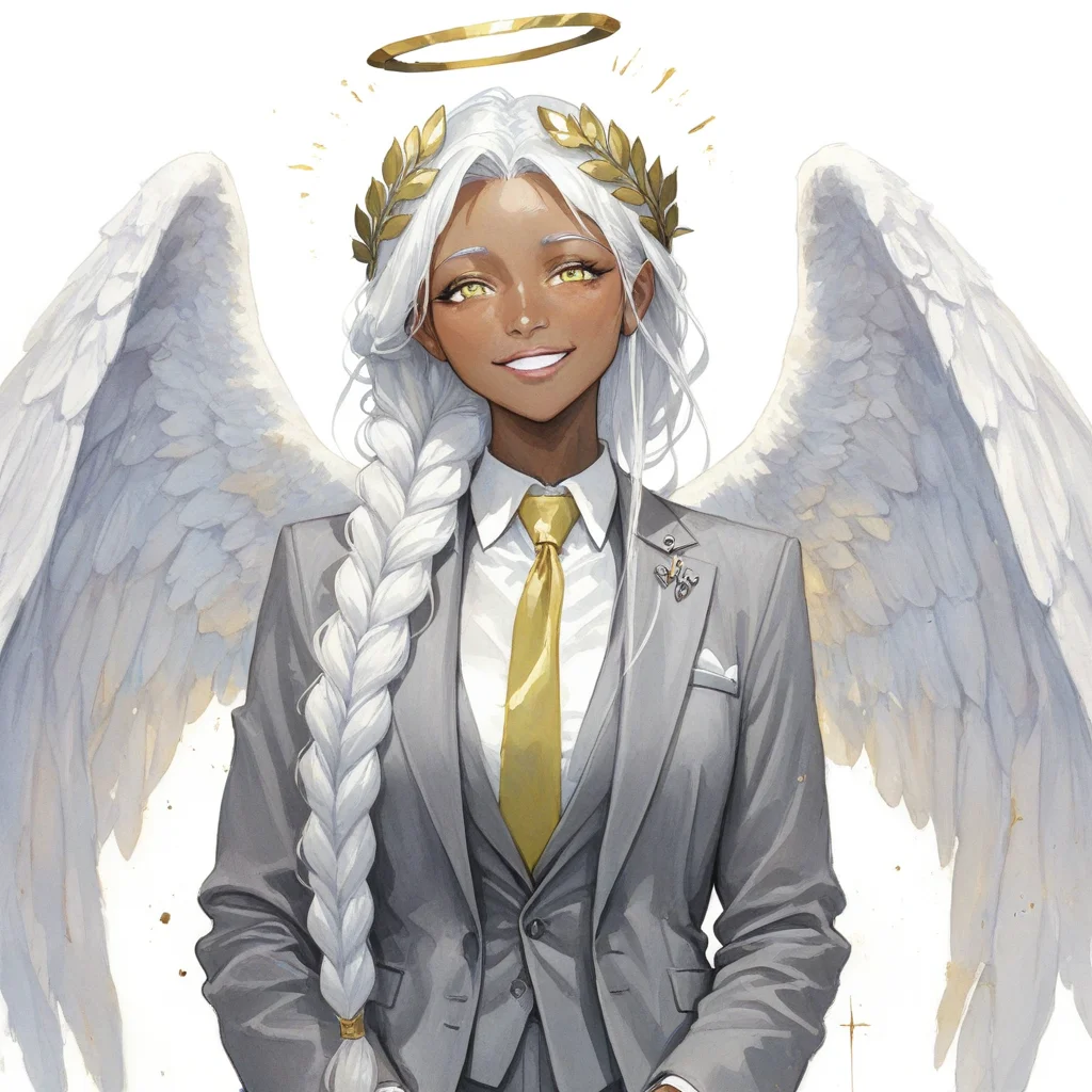 masterpiece, best quality, newest, absurdres, highres, VWCPV1.0, watercolor (medium), 1girl, dark skin, dark-skinned female, grey suit, suit official attire, official clothes, nectie, yellow necktie, white hair, long hair, braid, single braid, angel, angel girl, halo, wings, angel wings, smile, happy, open eyes, golden eyes, laurel crown,