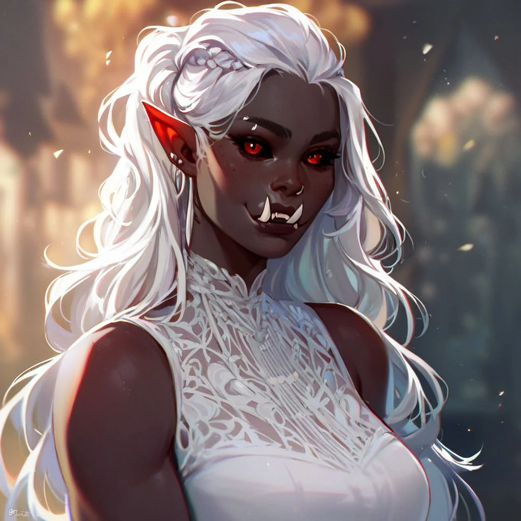 (((beautiful, high quality))), upper Body, score_9, score_8_up, score_7_up,
Orc, fangs, pointed ears, black sclera, 1girl, dark skin, red eyes, white hair, white dress,
looking at the viewer, posing,
blurred background,