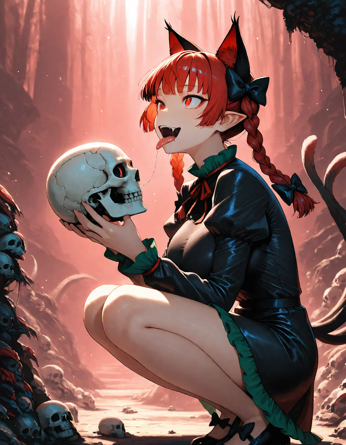 munakata_(sekimizu_kazuki), hamada_yoshikazu,negative space, cinematic shot, masterpiece, highres, absurdres, newest, wide shot, ,slimes_skullwm,made of skulls,kaenbyou_rin, touhou, 1girl, pink_hair, red_eyes, solo,animal_ears ,black_bow, black_dress , braid,breasts, cat_ears , dress,extra_ears, fang ,frilled_dress ,frills, hair_bow ,large_breasts ,long_eyelashes ,long_sleeves ,multiple_hair_bows, pointy_ears ,red_bow , red_hair, slit_pupils, smil,tight_clothes ,tight_dress, twin_braids ,fang, crazy_eyes ,crazy_smile ,holding skull, squatting, tongue, tongue_out , saliva,saliva_drip ,open mouth, from side,
<lora:SlimesSkullWM:1> <lora:ponyv5_noobE11_1_adamW:0.7> <lora:illustrious_noobai_epsilon_pred_11_very_aesthetic_v1:0.7> , <lora:kaenbyou_rin_image6792_2023-12-20:0.6>