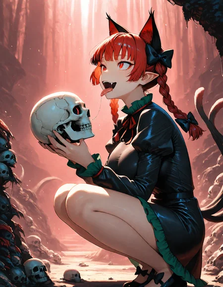 munakata_(sekimizu_kazuki), hamada_yoshikazu,negative space, cinematic shot, masterpiece, highres, absurdres, newest, wide shot, ,slimes_skullwm,made of skulls,kaenbyou_rin, touhou, 1girl, pink_hair, red_eyes, solo,animal_ears ,black_bow, black_dress , braid,breasts, cat_ears , dress,extra_ears, fang ,frilled_dress ,frills, hair_bow ,large_breasts ,long_eyelashes ,long_sleeves ,multiple_hair_bows, pointy_ears ,red_bow , red_hair, slit_pupils, smil,tight_clothes ,tight_dress, twin_braids ,fang, crazy_eyes ,crazy_smile ,holding skull, squatting, tongue, tongue_out , saliva,saliva_drip ,open mouth, from side,
<lora:SlimesSkullWM:1> <lora:ponyv5_noobE11_1_adamW:0.7> <lora:illustrious_noobai_epsilon_pred_11_very_aesthetic_v1:0.7> , <lora:kaenbyou_rin_image6792_2023-12-20:0.6>