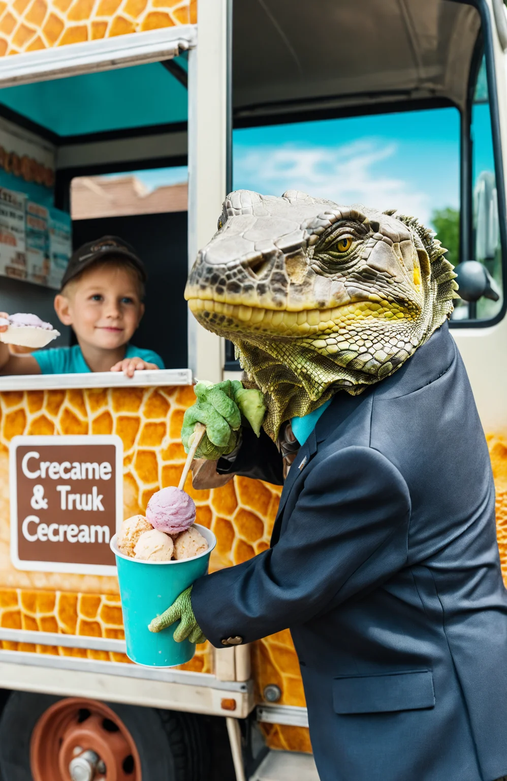 a beautiful high definition crisp portrait of old (reptile:1.2) skin selling icecream from a truck in a suburban area,taken with a professional grade camera with exquisite color grading,