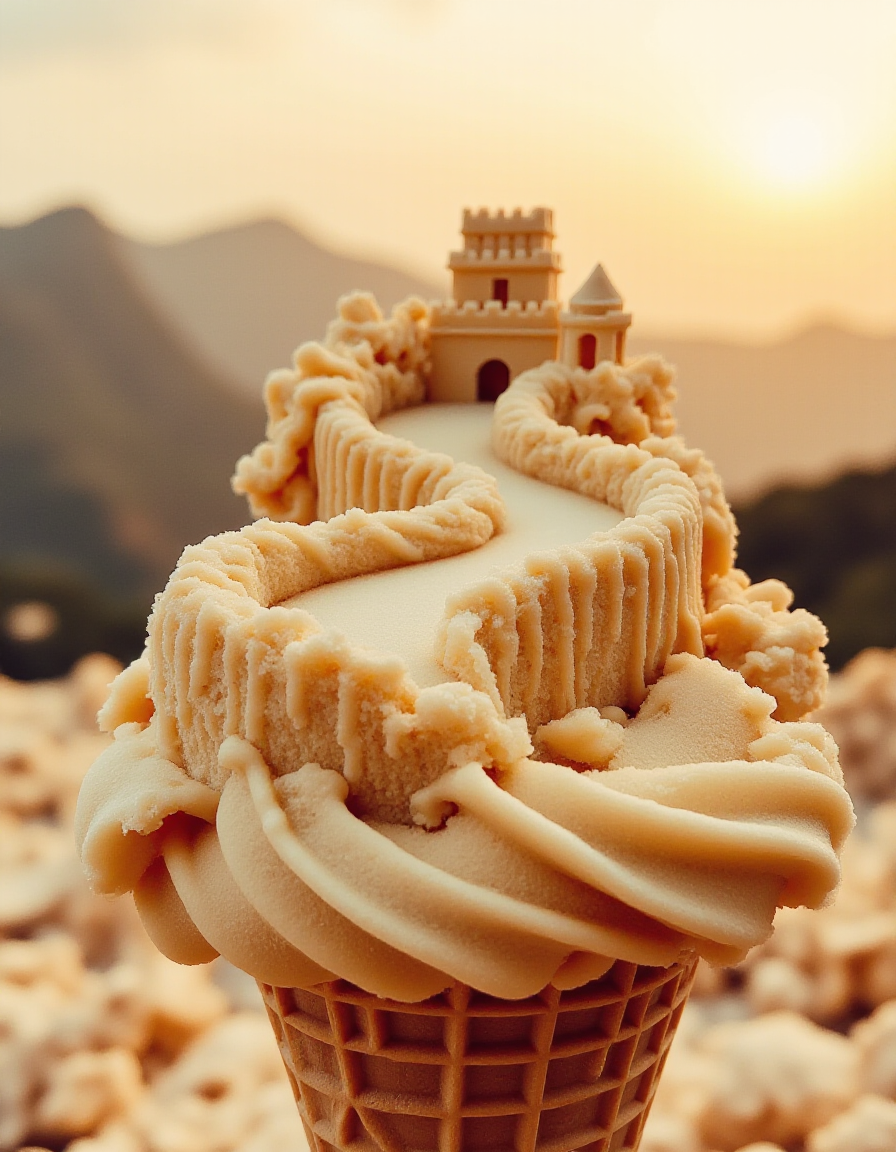 A detailed ice cream sculpture shaped like the Great Wall of China, with layered swirls forming the iconic winding path. The rough-textured edges resemble stone bricks, while turrets emerge from the creamy folds. The waffle cone acts as the base, transitioning smoothly into the wallâs foundation. The background features misty mountain peaks and a golden sunset.
<lora:ice-cream-cone-flux:1>