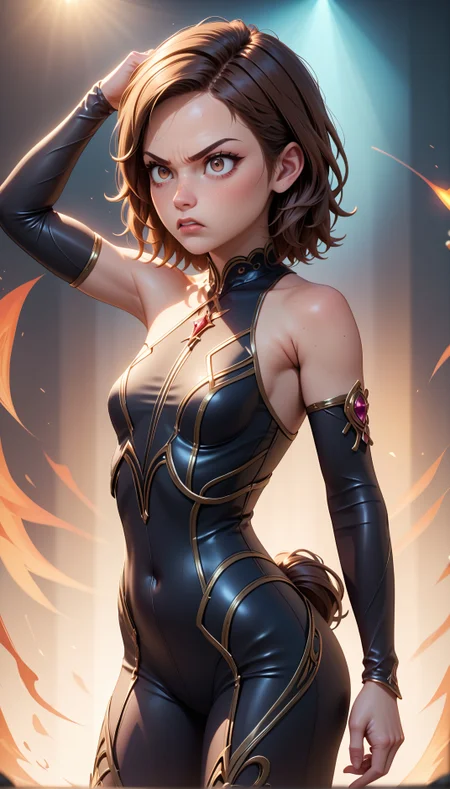 score_9, score_8_up, score_7_up,masterpiece,best quality,high quality,rating_safe,sfw,anime artwork,cinematic,very aesthetic,natural lighting,3d cartoon, 1girl french,hazel eyes,solo, (((young adult)),older),Super Strength Pose: Flexing muscles with a determined look, ready to showcase incredible strength.,kubrick stare, angry,anger vein, long brown hair, pony tail hairstyle,body stocking,small breasts, detailed skin,intricate skin details, freckles:1.5, dutch angle, cropped shoulders, fiery background, backlighting, detail shadow, detailed skin texture, natural skin, clean skin pores, highly detailed iris, highly detailed skin texture, perfect eyes,intricate details,extremely detailed, highly detailed, detailed,absurdres,Hires