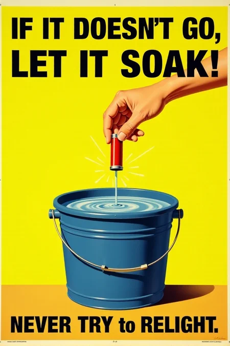 A vintage poster with a simple, direct message. It shows a hand dropping a malfunctioning firework into a bucket filled with water. Bold, black text on a bright yellow background emphatically states: "IF IT DOESN'T GO, LET IT SOAK! Never Try to Relight." Focus on the definitive action for dealing with duds.  <lora:REMEs_War_Poster_Style:0.95> In REME's War Poster Style,âââ