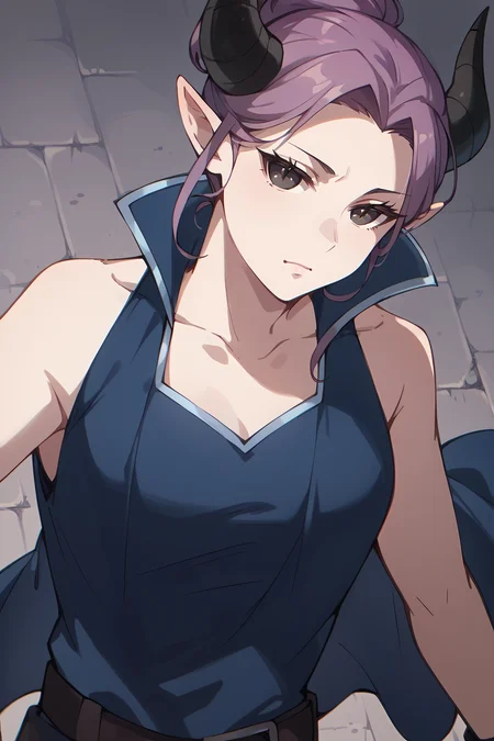 score_9, score_8_up, score_7_up, score_6_up <lora:fiorentia:1> horns, sleeveless, tank top, belt, from above, looking at viewer, dutch angle