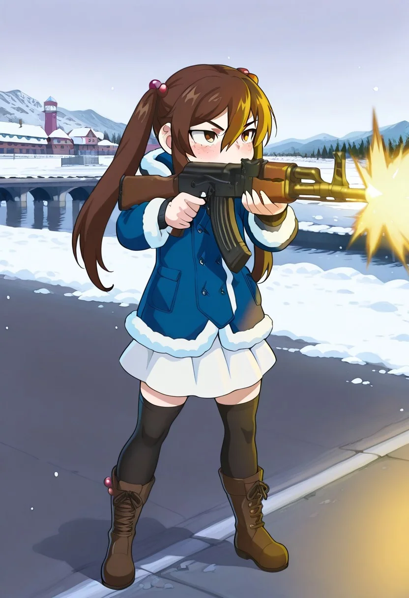 masterpiece, best quality, absurdres, anime screenshot, 1girl, solo, female focus, Carol_CTO, freckles, brown hair, asymmetrical bangs, long bangs, bangs between eyes, sidelocks, very long hair, CTO_win, twintails, hair bobbles, winter coat, blue coat, fur trim, white trim, white skirt, skirt, black socks, thighhighs, boots, brown footwear, ak-47, assault rifle, aiming, holding, firing, outdoors, snow, dam, on dam, road, guard tower,