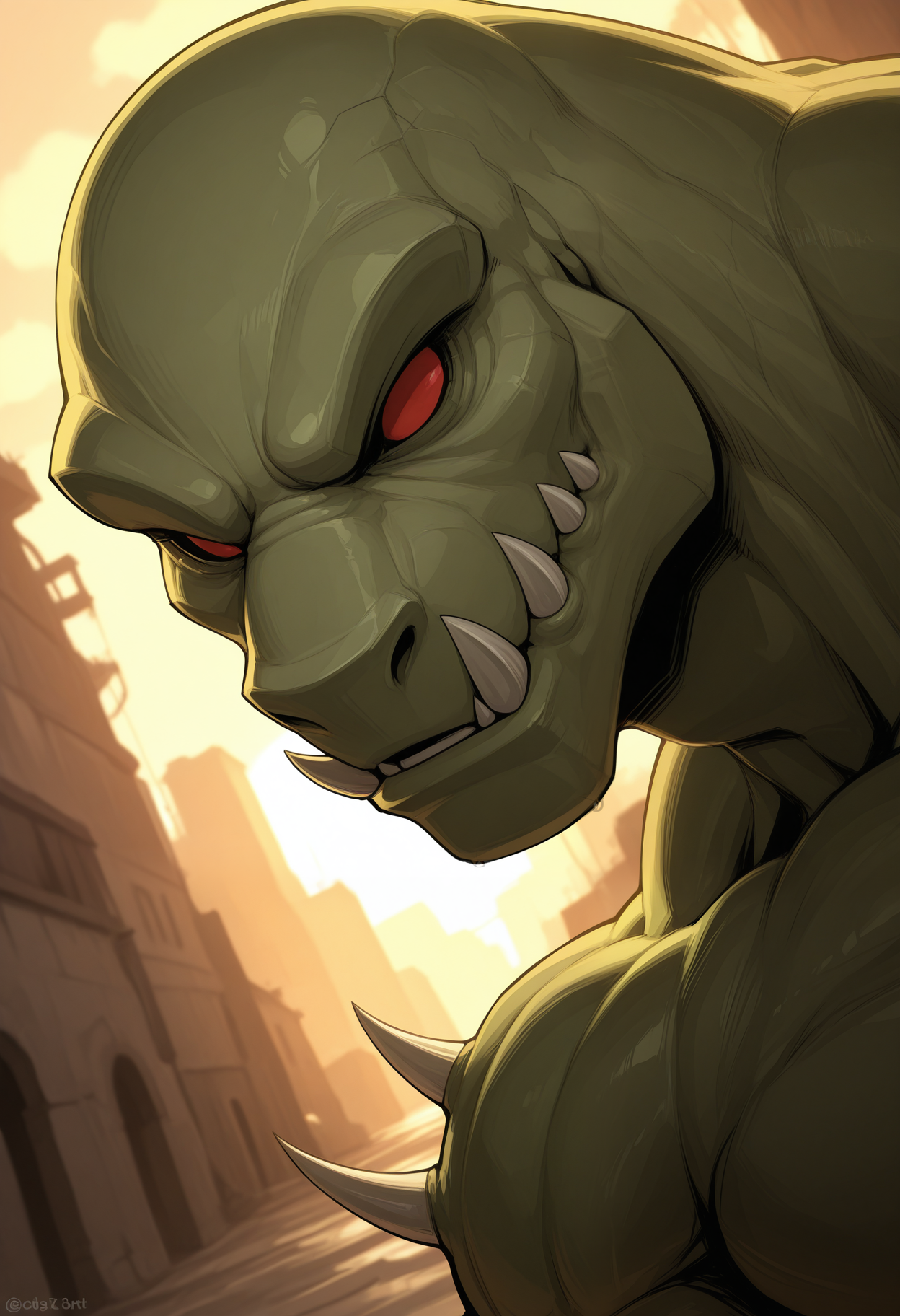 masterpiece,best quality,amazing quality, 1boy, solo, g4g4, furry, colored sclera, no pupils, no fur, green skin, close up, side angle, outdoors,