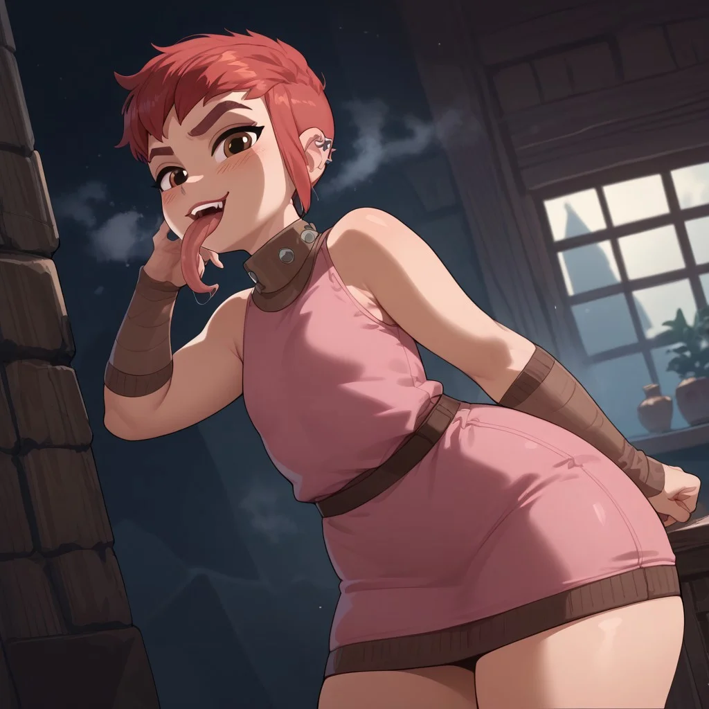 uncensored, score_9,score_8_up,score_7_up,score_6_up, good_hands, best_hands, NimonaXL, short red hair, side swept, brown eyes, smug, open mouth, long tongue, tongue sticking out, ear piercing, thick eyebrows, pink dress, tube dress, tight dress, flat chest, thick thighs, thick legs, bare shoulders, bare arms, blushing, hot steam, looking at viewer, trapped, standing,<lora:Nimona:0.9> ,<lora:pony_good_hands:1> <lora:Pony_DetailV2.0:1>