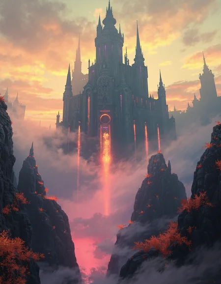 A wide-screen landscape on another planet, enveloped in a dense, neon-colored fog that blankets the entire scene with a surreal, glowing haze. The fog pulses in shades of grey-yellow, red, and beige, casting an otherworldly light across the terrain. Jagged, alien rock formations rise from the ground, their sharp edges softened by the mist. The landscape is barren, with patches of luminous vegetation glowing faintly in the distance, adding an ethereal quality to the alien world. In the center of the scene, towering above the mist, looms a massive, foreboding sci-fi fortress that resembles a hybrid between a medieval prison and a dystopian citadel. Its immense, monolithic structure is reinforced with thick, obsidian-like walls lined with pulsating red and violet energy barriers. Jagged spire-like towers rise ominously into the sky, each adorned with glowing runes and harsh, angular metal plating. The architecture is brutally functional, built for confinement and control, with massive barred windows, heavy blast doors, and towering watchtowers scanning the terrain with piercing searchlights. The fortressâs central keep is a grotesque fusion of gothic arches and cold, industrial machinery, its surface bristling with antennae, exposed conduits, and alien security systems. A series of colossal chains extend from its highest towers, vanishing into the dense fog as if anchoring the structure to unseen forces. Below, a deep chasm surrounds the fortress, filled with shifting, luminescent mist that swirls ominously around the base. The entire structure radiates a menacing presence, standing as a grim monument to control, imprisonment, and an ancient, unyielding authority. The painting is in the style of umesky. <lora:ume_sky_v2:1>