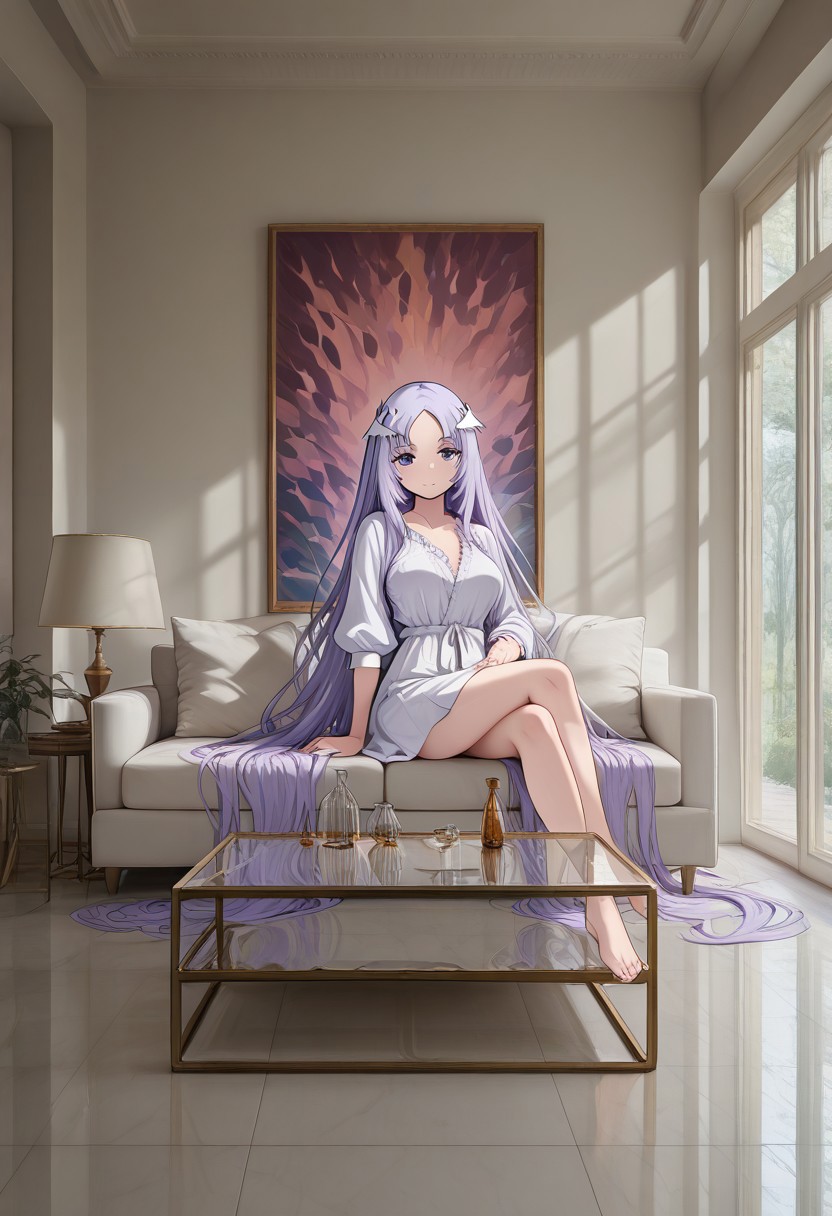 patQuinella, purple hair, quinella, absurdly long hair, purple eyes, long hair, parted bangs, purple hair, very long hair, hair ornament,
modernlivingroom, minimalist, colorful pillows, white sofa, glass coffee table, abstract painting, warm sunlight, cozy atmosphere 
 , detailed background, great lighting, 
masterpiece, best quality, newest, absurdres, highres, high quality, highly detailed