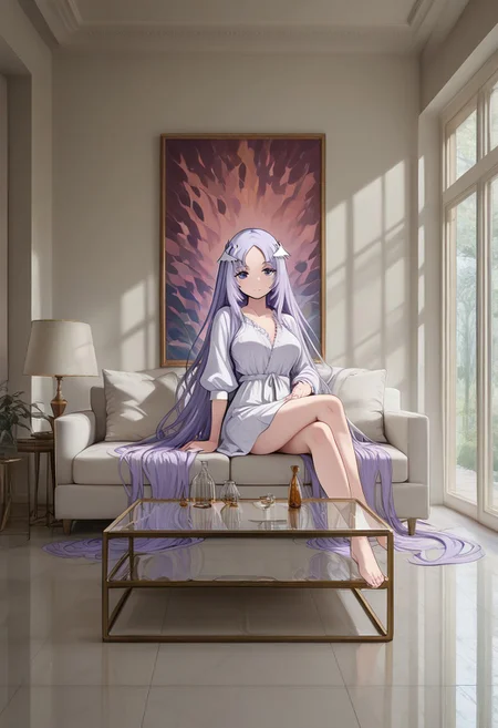 patQuinella, purple hair, quinella, absurdly long hair, purple eyes, long hair, parted bangs, purple hair, very long hair, hair ornament,
modernlivingroom, minimalist, colorful pillows, white sofa, glass coffee table, abstract painting, warm sunlight, cozy atmosphere 
 , detailed background, great lighting, 
masterpiece, best quality, newest, absurdres, highres, high quality, highly detailed