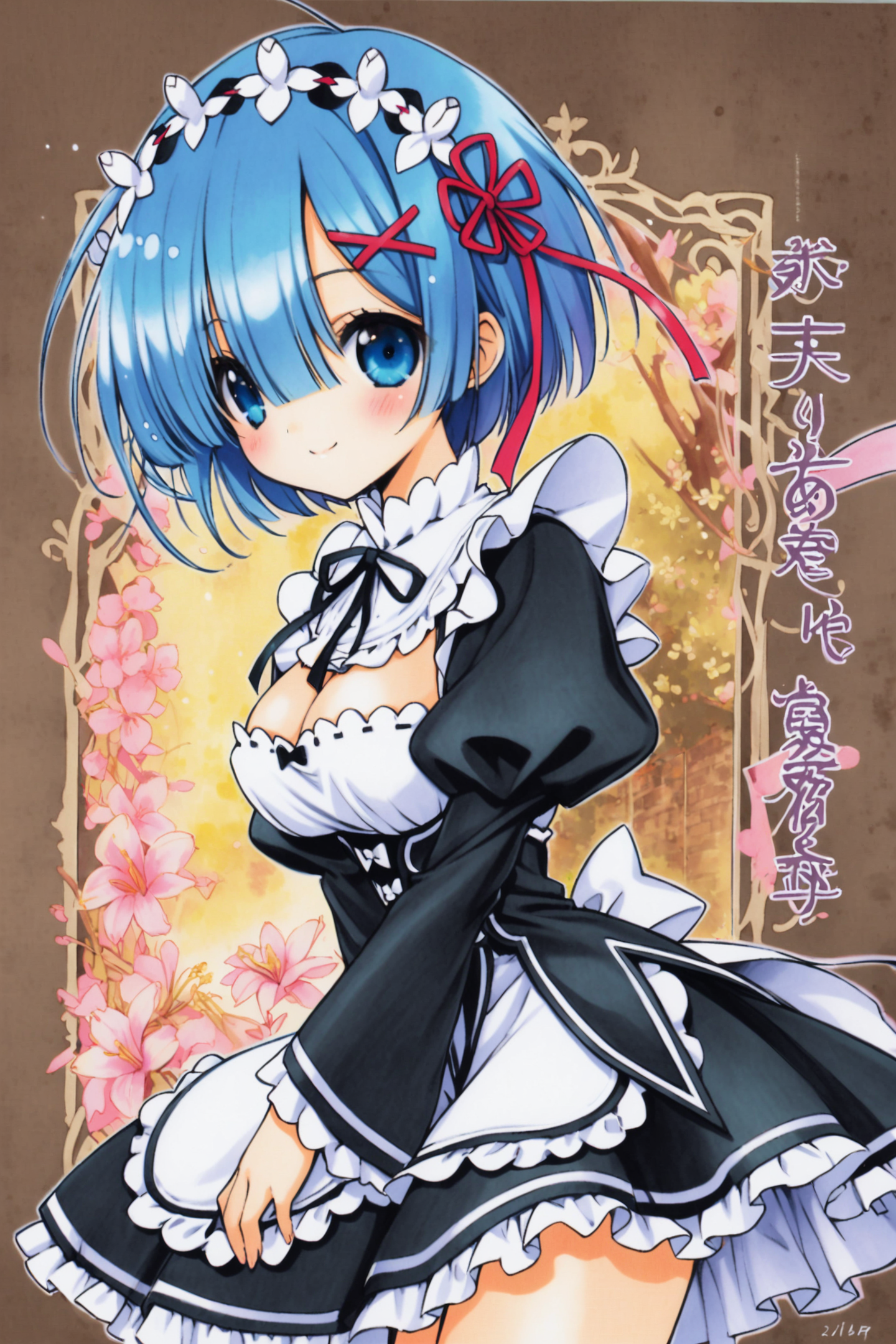 1girl,solo,rem (re:zero),blue hair,x hair ornament,short hair,hair ornament,blue eyes,maid,looking at viewer,ribbon,maid headdress,long sleeves,dress,roswaal mansion maid uniform,smile,hair ribbon,breasts,puffy sleeves,frills,apron,bangs,closed mouth,black ribbon,pink ribbon,blush,medium breasts,black dress,juliet sleeves,cowboy shot,flower,hair between eyes,red ribbon,waist apron,traditional media,<lora:Ramiya Ryou_XL:0.8>,
