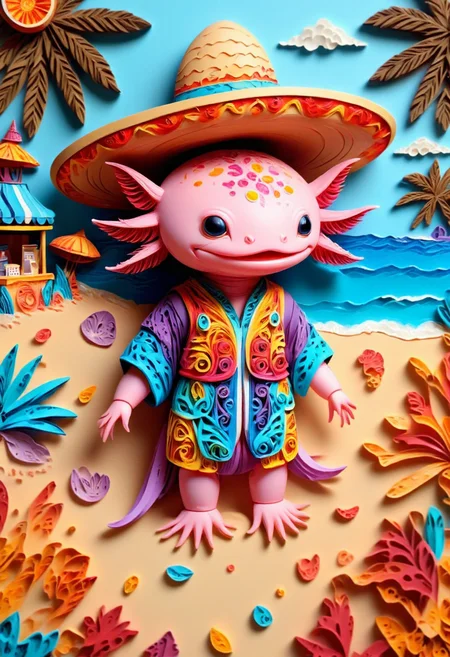 Paper quilling, layered paper of a 2d depiction of pink axolotl wearing a sombrero and colorful poncho with blue red and yellow designs, the axolotl has black eyes and frilly gills, detailed paper crafted background of a festive beach background with concession stands