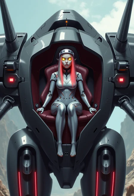yfg-srs Image is a digital fantasy artwork featuring a huge battlemech with a female pilot. the pilot's cockpit is inside the chest of the battlemech. She has pale skin and glowing yellow eyes, with long colorful hair with red highlights. she's wearing an robotic looking bodysuit adorned with glowing red patterns. On her head is a futuristic headset. She sitting inside the cockpit of the battlemech, with the cockpit door open. The battlemech is humanoid in shape with cannons and missiles attached to it. Her expression is relaxed and composed. The background is of a apocolyptic world in ruins, mythp0rt, DB4RZ style painting, long shot, wide shot