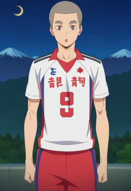 masterpiece, best quality, , anime screencap, anime coloring, , looking at viewer, 1boy, solo, male focus, <lora:Tamahiko_Teshiro-000009:0.92>, tamahiko_teshiro, grey hair, very short hair, brown eyes, close-up, mountain, night, crescent moon, legs together, :o, patriotic costume