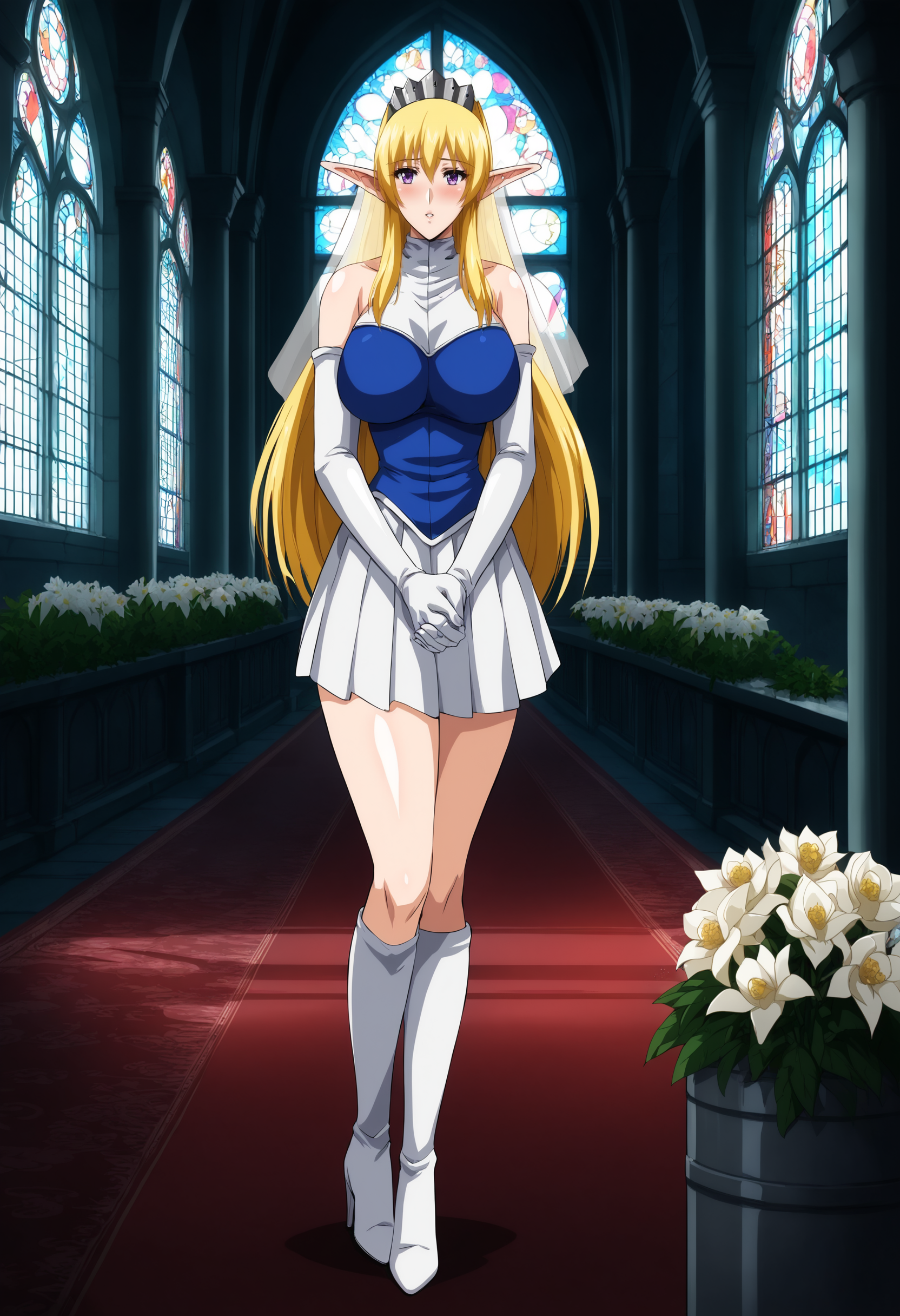 score_9, source_anime,
NinaAslato, a girl is standing, holding flower pot, own hands together, (veil:1.1), red carpet,
1girl, elf, solo, solo focus,
blush, parted lips,
blonde hair, long hair, purple eyes, tiara,
turtleneck, short dress, bare shoulders,  elbow gloves, pleated skirt, high heel boots, white footwear,
curvy, large breasts, thick thighs,
indoors, palace, window, medieval, luxury,
<lora:Nina Aslato3216PDXL:1>