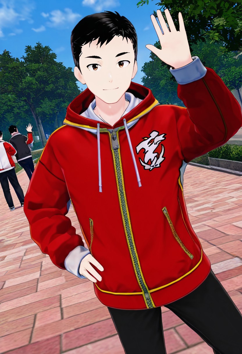 harmard, black hair, short hair, brown eyes, 1boy, solo, solo focus, red_white_jacket, black pants, young man, youthful, outdoor setting, right hand waving gesture, left hand leans on hip,