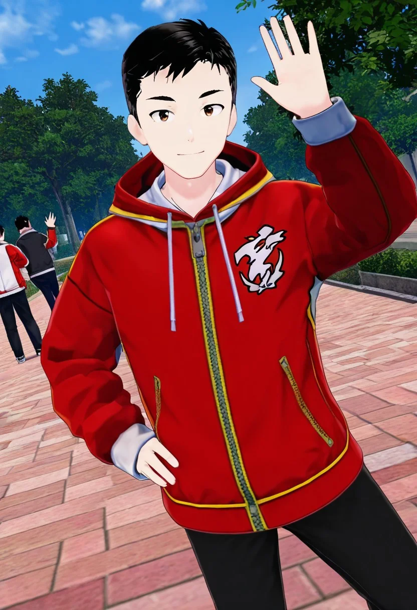 harmard, black hair, short hair, brown eyes, 1boy, solo, solo focus, red_white_jacket, black pants, young man, youthful, outdoor setting, right hand waving gesture, left hand leans on hip,