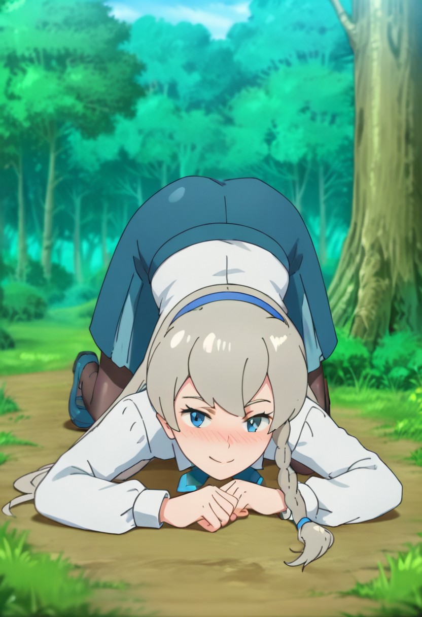 score_9, score_8, score_7_up, source_anime, anime_coloring, anime_screenshot, highres, rating_quesitionable
PKMNRegina, 1girl, long hair, grey hair, bangs, braid, side braid, single braid, hairband, blue hairband, blue eyes, white shirt, collared shirt, school uniform, necktie, blue necktie, long sleeves, skirt, blue skirt, pantyhose, shoes, blue footwear,
solo, full body, all fours, seductive smile, looking at viewer, naughty face, nose blush, forest, tree, ass, top-down-bottom-up