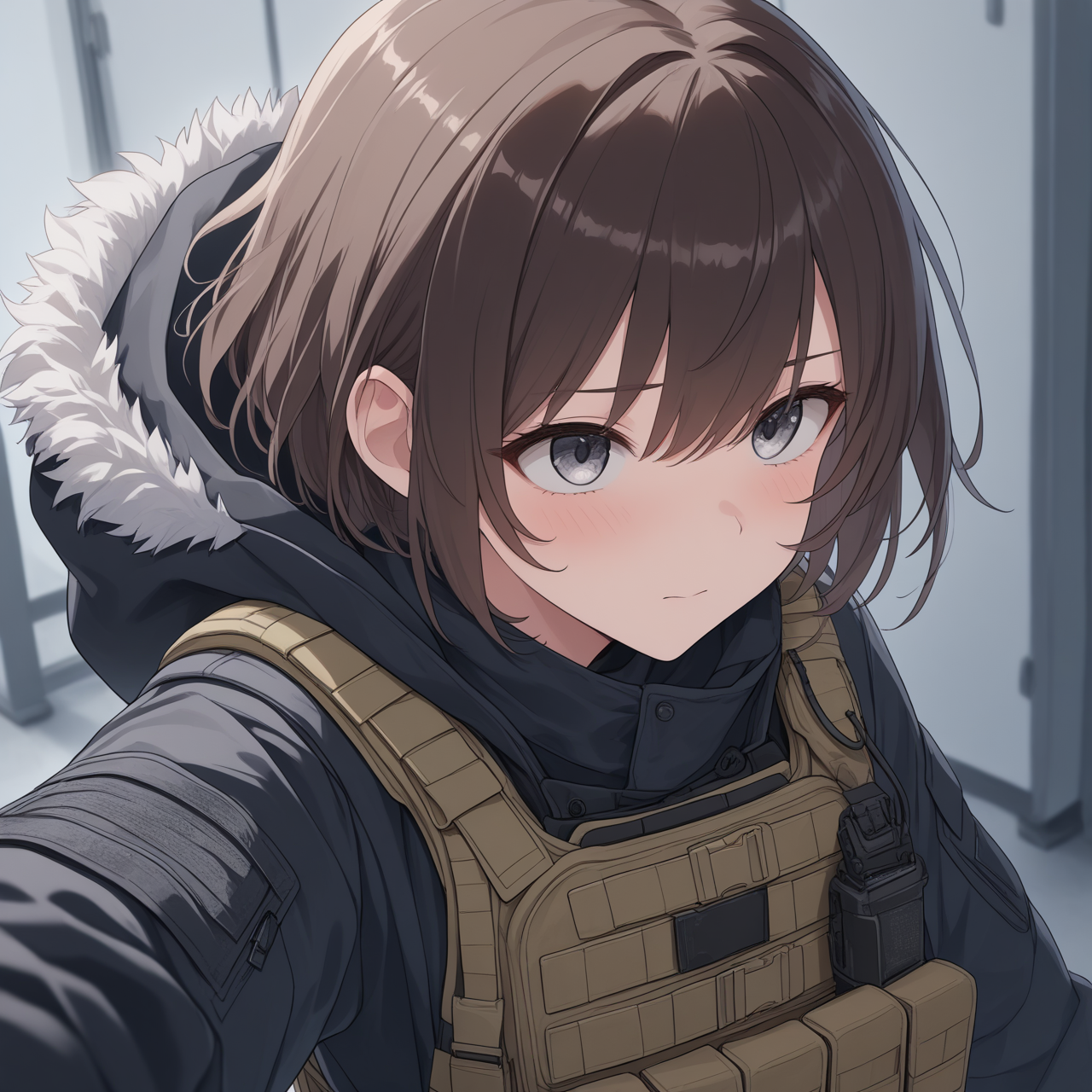masterpiece, best quality, amazing quality, very aesthetic, high resolution, ultra-detailed, absurdres, newest, official wallpaper, 1girl, short hair, brown hair, grey eyes, looking afar, <lora:TactFit [NOOBAI]:0.8> tactfit, tactical clothes, bulletproof vest, black hooded cloak, hood down, fur trim, BREAK, foreshortening, extremely detailed clothes, detailed eyes, detailed skin, detailed hair, masterpiece, best quality, amazing quality, very aesthetic, high resolution, ultra-detailed, absurdres, newest, volumetric lighting, official wallpaper