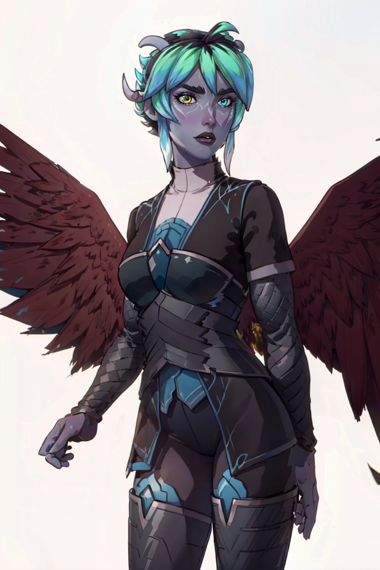 Nyx, (heterochromia, wings:1.2), (yellow eye, blue eye), horns, (solid white background, plain background:1.5). (realistic:1.2), (masterpiece:1.2), (full-body-shot:1.2),(Cowboy-shot:1.2), dark romantic lighting, (highly detailed:1.2), (detailed face:1.2), (gradients), colorful, detailed eyes, (natural lighting:1.2), solo, <lora:add_detail:0.3> <lora:DragonPrince_Nyx-10:0.7>  <lora:BeautifulEyes:0.3>