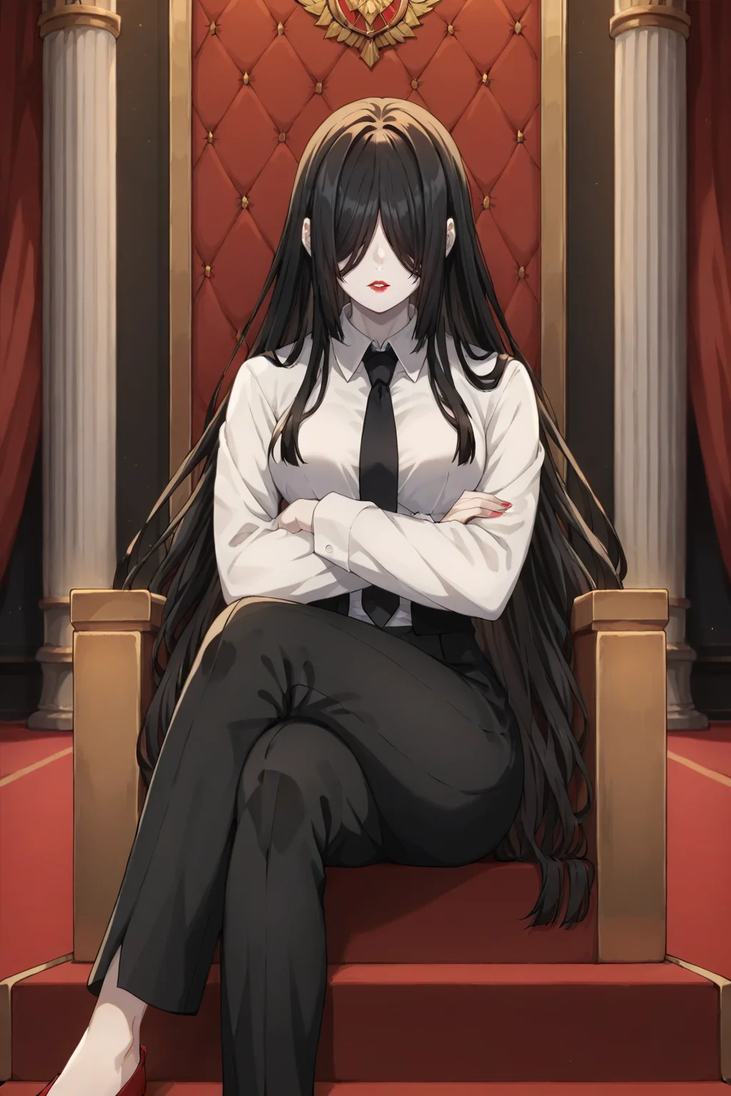 score_9, score_8_up, score_7_up, source_anime, 1girl, prefect lighting, very aesthetic, intricate details, highly detailed background, masterpiece, high quality, prefect hands, best quality, solo,
<lora:Nakime_Demon_Slayer_V1:.75>, kjonakime, black hair, long hair, bangs over eyes, pale skin, red lipstick,
White collared shirt, black necktie, black pants, long sleeves,
sitting on throne, crossed arms, looking at viewer, parted lips, crossed legs,
throne room, throne, red carpet, stairs, pillars, curtains,
(Beautiful, medium Breasts:1.2), natural breasts,