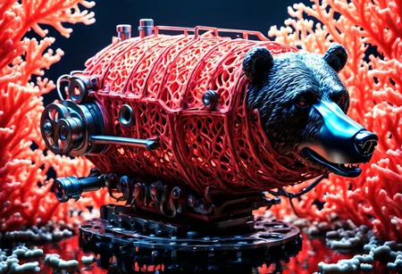 a bear trap made out of Coral, portrait, enhanced background, creative, beautiful, vibrant, masterpiece, 8k, Ultra HD, amazing details, amazing quality, amazing artist, sharp edges, detailed textures, full view, atmospheric lighting, amazing visuals <lora:coralbugXL:1>